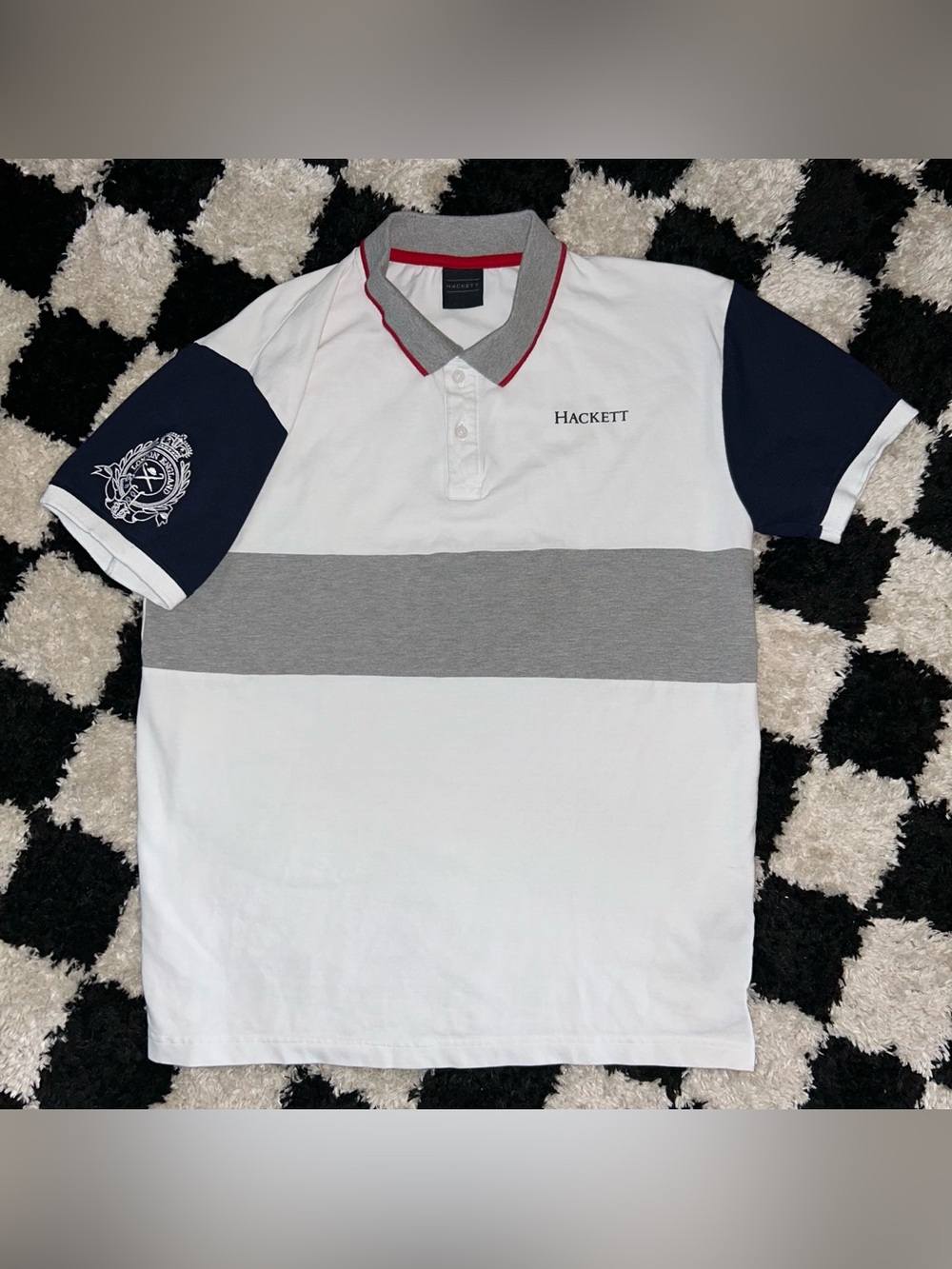 Hackett London Polo Shirt Logo Embroidered White Heritage Panel 2XL (Fits US XL)